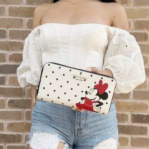 Kate Spade Disney X Minnie Mouse Zip Around Continental Wallet White Black Dot